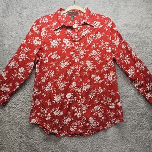 Lauren Ralph Lauren Womens Red Blouse Button Down Floral Large Lightweight